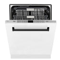 ZLINE Autograph Edition 24 in. 3rd Rack Top Touch Control Tall Tub Dishwasher in White Matte with Matte Black Accent Handle, 45dBa (DWMTZ-WM-24-MB) front, half open.