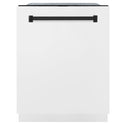 ZLINE Autograph Edition 24 in. 3rd Rack Top Touch Control Tall Tub Dishwasher in White Matte with Matte Black Accent Handle, 45dBa (DWMTZ-WM-24-MB) front, closed.