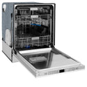 ZLINE Autograph Edition 24 in. 3rd Rack Top Touch Control Tall Tub Dishwasher in White Matte with Matte Black Accent Handle, 45dBa (DWMTZ-WM-24-MB) side, open.