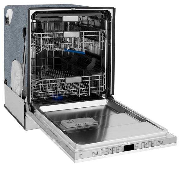 ZLINE Autograph Edition 24 in. 3rd Rack Top Touch Control Tall Tub Dishwasher in White Matte with Matte Black Accent Handle, 45dBa (DWMTZ-WM-24-MB) side, open.