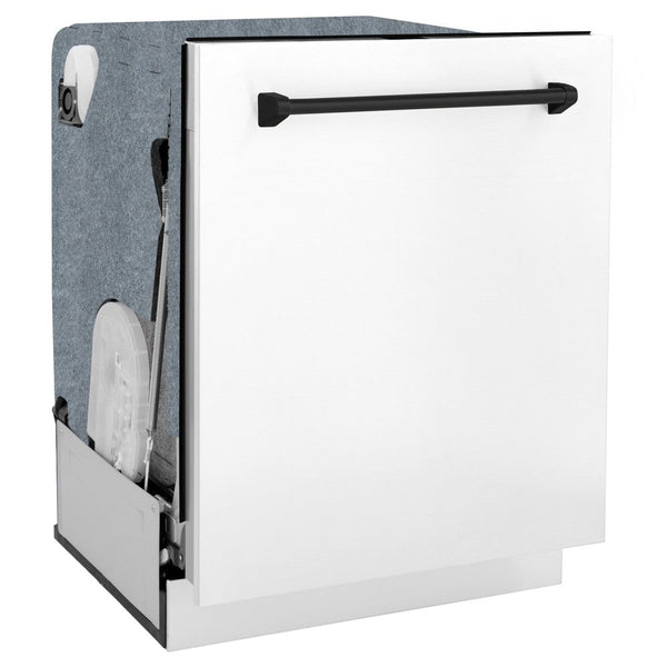 ZLINE Autograph Edition 24 in. 3rd Rack Top Touch Control Tall Tub Dishwasher in White Matte with Matte Black Accent Handle, 45dBa (DWMTZ-WM-24-MB) side, closed.