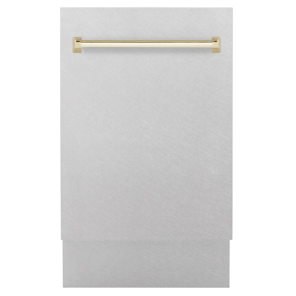 ZLINE Autograph Edition 18 in. Compact 3rd Rack Top Control Dishwasher in Fingerprint Resistant Stainless Steel with Polished Gold Accent Handle, 51dBa (DWVZ-SN-18-G)