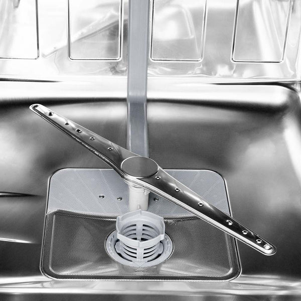 ZLINE Autograph Edition 24 in. 3rd Rack Top Control Tall Tub Dishwasher in Stainless Steel with Champagne Bronze Handle, 51dBa (DWVZ-304-24-CB) close-up, primary spray arm inside tub.