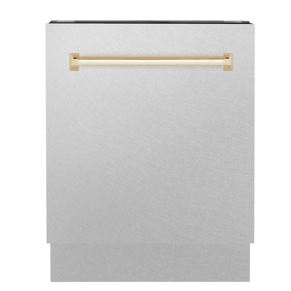 ZLINE Autograph Edition 24 in. 3rd Rack Top Control Tall Tub Dishwasher in Fingerprint Resistant Stainless Steel with Polished Gold Accent Handle, 51dBa (DWVZ-SN-24-G) front, closed.