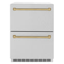 ZLINE Autograph Edition 24 in. Touchstone 168 Can Outdoor-Rated Dual Refrigerator Drawer with Satin Stainless Steel Doors and Champagne Bronze Handles (RDSOZ-SN-24-CB)