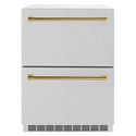 ZLINE Autograph Edition 24 in. Touchstone 168 Can Outdoor-Rated Dual Refrigerator Drawer with Satin Stainless Steel Doors and Polished Gold Handles (RDSOZ-SN-24-G)
