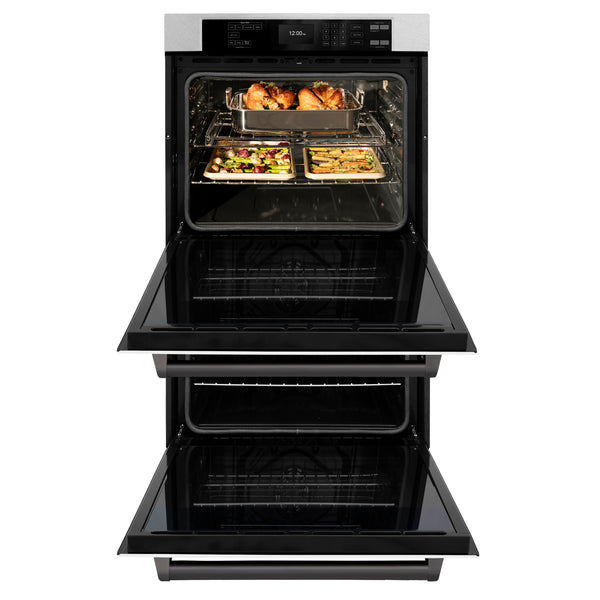 ZLINE 30 in. Autograph Edition Professional True Convection Double Wall Oven with Air Fry and Self Clean in Satin Stainless Steel with White Matte Doors and Matte Black Handles (WADSZ-WM-30-MB)