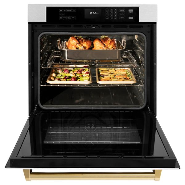 ZLINE 30 in. Autograph Edition Professional True Convection Single Wall Oven with Air Fry and Self Clean in Satin Stainless Steel with White Matte Door and Polished Gold Handle (WASSZ-WM-30-G)