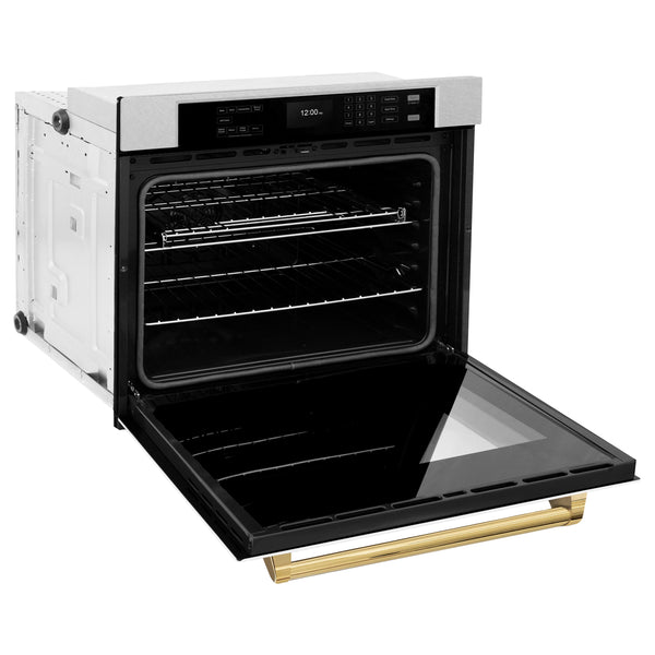 ZLINE 30 in. Autograph Edition Professional True Convection Single Wall Oven with Air Fry and Self Clean in Satin Stainless Steel with White Matte Door and Polished Gold Handle (WASSZ-WM-30-G)