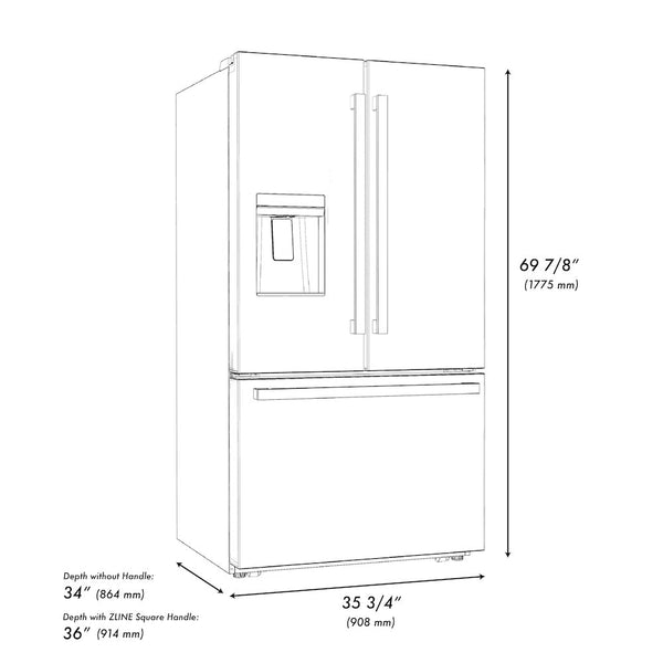 ZLINE Autograph Edition 36 in. 28.9 cu. ft. Standard-Depth French Door External Water Dispenser Refrigerator with Dual Ice Maker in Black Stainless Steel and Polished Gold Square Handles (RSMZ-W-36-BS-FG) dimensional diagram with measurements.