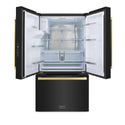 ZLINE Autograph Edition 36 in. 28.9 cu. ft. Standard-Depth French Door External Water Dispenser Refrigerator with Dual Ice Maker in Black Stainless Steel and Polished Gold Square Handles (RSMZ-W-36-BS-FG) front, doors open.