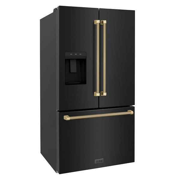 ZLINE Autograph Edition 36 in. 28.9 cu. ft. Standard-Depth French Door External Water Dispenser Refrigerator with Dual Ice Maker in Fingerprint-Resistant Black Stainless Steel and Champagne Bronze Helix Handles (RSMZ-W36-BS-KCB)