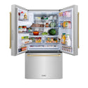 ZLINE Autograph Edition 36 in. 28.9 cu. ft. Standard-Depth French Door External Water Dispenser Refrigerator with Dual Ice Maker in Fingerprint Resistant Stainless Steel and Champagne Bronze Handles (RSMZ-W-36-CB) front, doors open with food inside.