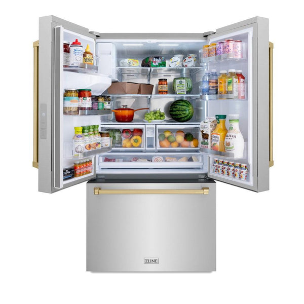 ZLINE Autograph Edition 36 in. 28.9 cu. ft. Standard-Depth French Door External Water Dispenser Refrigerator with Dual Ice Maker in Fingerprint Resistant Stainless Steel and Champagne Bronze Handles (RSMZ-W-36-CB) front, doors open with food inside.