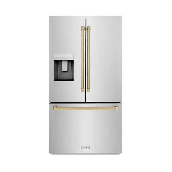 ZLINE Autograph Edition 36 in. 28.9 cu. ft. Standard-Depth French Door External Water Dispenser Refrigerator with Dual Ice Maker in Fingerprint Resistant Stainless Steel and Champagne Bronze Handles (RSMZ-W-36-CB) front.