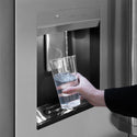 ZLINE Autograph Edition 36 in. 28.9 cu. ft. Standard-Depth French Door External Water Dispenser Refrigerator with Dual Ice Maker in Fingerprint Resistant Stainless Steel and Champagne Bronze Handles (RSMZ-W-36-CB) features an external water and ice dispenser.