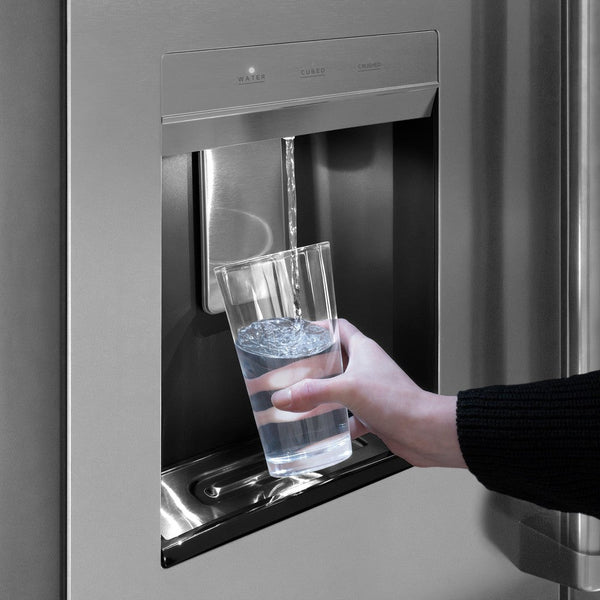 ZLINE Autograph Edition 36 in. 28.9 cu. ft. Standard-Depth French Door External Water Dispenser Refrigerator with Dual Ice Maker in Fingerprint Resistant Stainless Steel and Champagne Bronze Handles (RSMZ-W-36-CB) features an external water and ice dispenser.