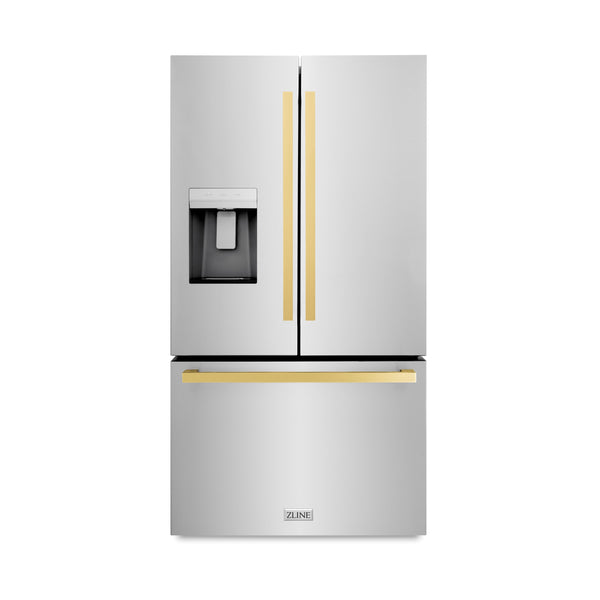 ZLINE Autograph Edition 36 in. 28.9 cu. ft. Standard-Depth French Door External Water Dispenser Refrigerator with Dual Ice Maker in Fingerprint-Resistant Stainless Steel and Polished Gold Modern Handles (RSMZ-W-36-FG)