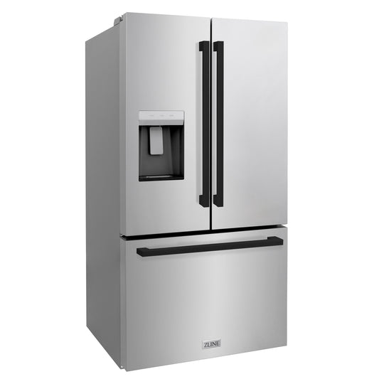 ZLINE Autograph Edition 36 in. 28.9 cu. ft. Standard-Depth French Door External Water Dispenser Refrigerator with Dual Ice Maker in Fingerprint-Resistant Stainless Steel and Matte Black Modern Handles (RSMZ-W-36-FMB)