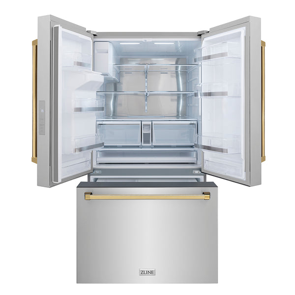 ZLINE Autograph Edition 36 in. 28.9 cu. ft. Standard-Depth French Door External Water Dispenser Refrigerator with Dual Ice Maker in Fingerprint-Resistant Stainless Steel and Polished Gold Traditional Handles (RSMZ-W-36-G)