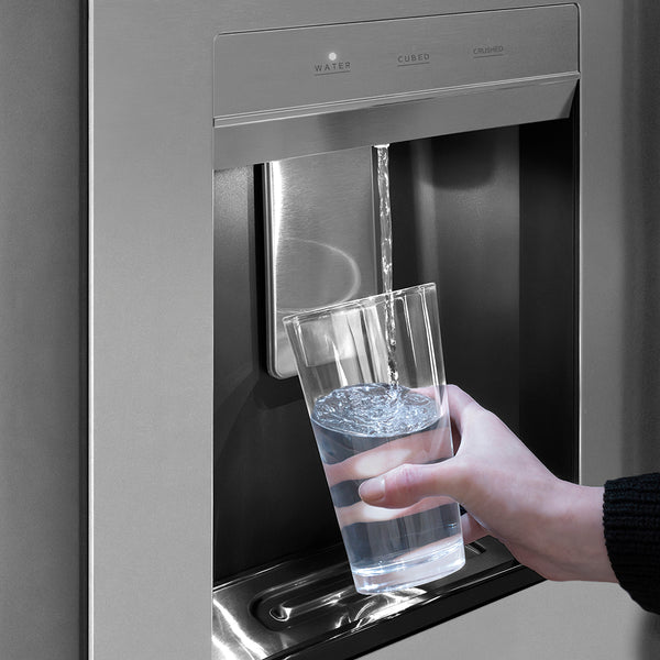 ZLINE Autograph Edition 36 in. 28.9 cu. ft. Standard-Depth French Door External Water Dispenser Refrigerator with Dual Ice Maker in Fingerprint-Resistant Stainless Steel and Polished Gold Traditional Handles (RSMZ-W-36-G)