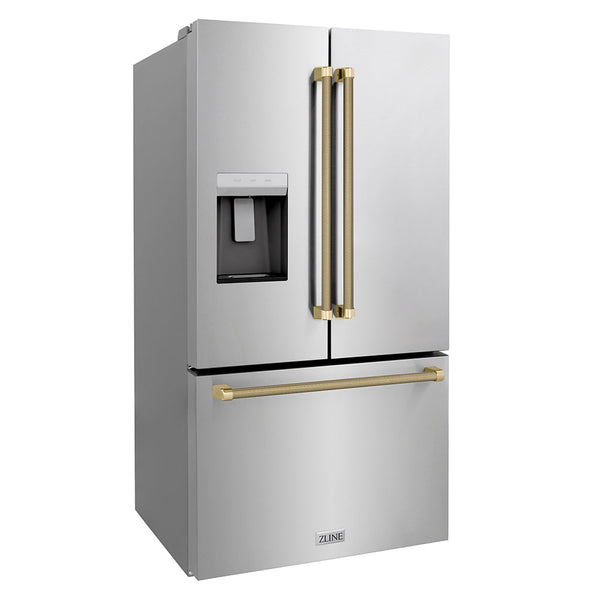 ZLINE Autograph Edition 36 in. 28.9 cu. ft. Standard-Depth French Door External Water Dispenser Refrigerator with Dual Ice Maker in Fingerprint-Resistant Stainless Steel and Champagne Bronze Helix Handles (RSMZ-W-36-KCB)