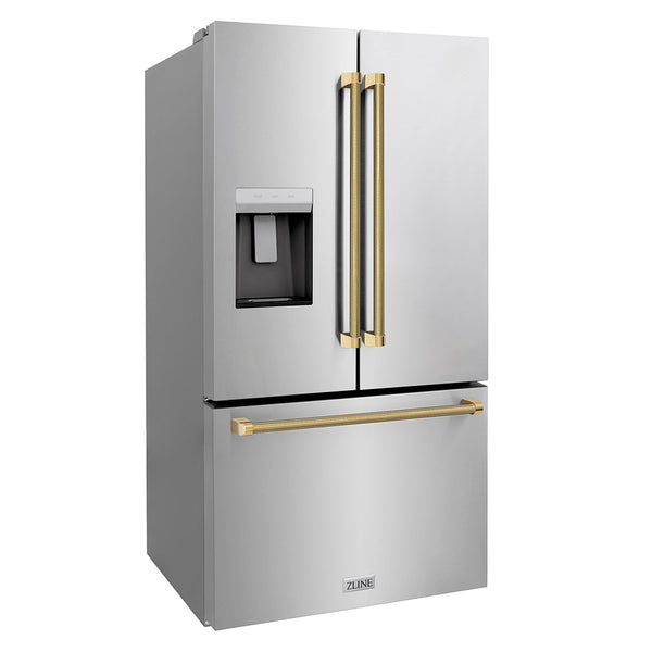 ZLINE Autograph Edition 36 in. 28.9 cu. ft. Standard-Depth French Door External Water Dispenser Refrigerator with Dual Ice Maker in Fingerprint-Resistant Stainless Steel and Polished Gold Helix Handles (RSMZ-W-36-KG)