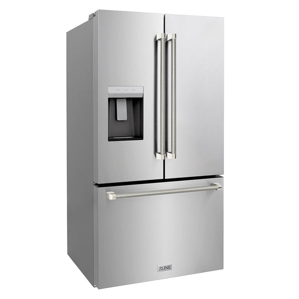 ZLINE Autograph Edition 36 in. 28.9 cu. ft. Standard-Depth French Door External Water Dispenser Refrigerator with Dual Ice Maker in Fingerprint-Resistant Stainless Steel and Polished Nickel Helix Handles (RSMZ-W-36-KPN)