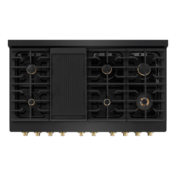 ZLINE Autograph Edition 48 in. 6.7 cu. ft. Paramount Double Oven Dual Fuel Range with 8 Burner Gas Cooktop in Black Stainless Steel and Champagne Bronze Accents (SDRBZ-48-CB)