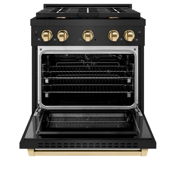 ZLINE Autograph Edition 30 in. 4.2 cu. ft. Paramount Gas Range with 4 Burner Cooktop and Convection Gas Oven in Black Stainless Steel and Polished Gold Accents (SGRBZ-30-G)