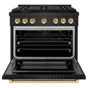 ZLINE Autograph Edition 36 in. 5.2 cu. ft. 6 Burner Gas Range with Convection Gas Oven in Black Stainless Steel and Polished Gold Accents (SGRBZ-36-G) front, oven open.