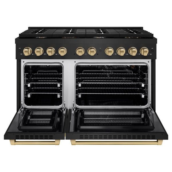 ZLINE Autograph Edition 48 in. 6.7 cu. ft. Paramount Double Oven Gas Range with 8 Burner Cooktop in Black Stainless Steel and Champagne Bronze Accents (SGRBZ-48-CB)
