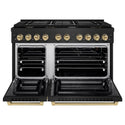 ZLINE Autograph Edition 48 in. 6.7 cu. ft. 8 Burner Double Oven Gas Range in Black Stainless Steel and Champagne Bronze Accents (SGRBZ-48-CB) front, oven open.