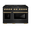 ZLINE Autograph Edition 48 in. 6.7 cu. ft. 8 Burner Double Oven Gas Range in Black Stainless Steel and Champagne Bronze Accents (SGRBZ-48-CB) front, oven closed.