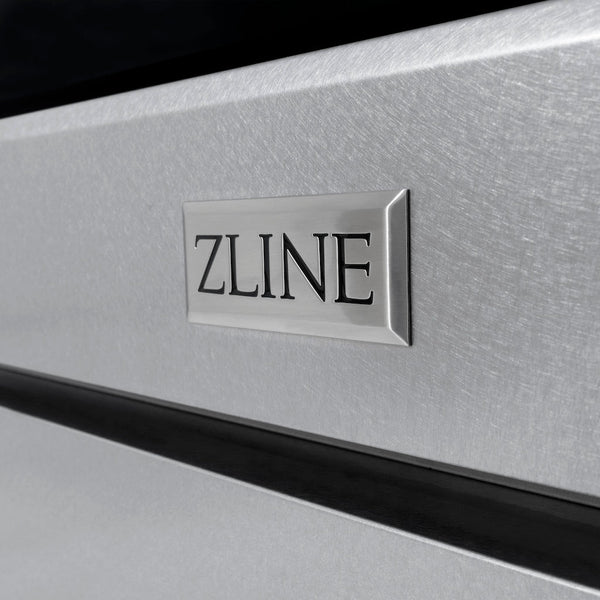 ZLINE badge on ZLINE Autograph Edition 36 in. 5.2 cu. ft. 6 Burner Gas Range with Convection Gas Oven in DuraSnow® Stainless Steel and Champagne Bronze Accents (SGRSZ-36-CB)