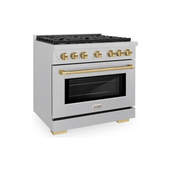 ZLINE Autograph Edition 36 in. 5.2 cu. ft. 6 Burner Gas Range with Convection Gas Oven in DuraSnow® Stainless Steel and Champagne Bronze Accents (SGRSZ-36-CB) side, oven closed.