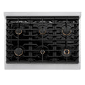 ZLINE Autograph Edition 36 in. 5.2 cu. ft. 6 Burner Gas Range with Convection Gas Oven in DuraSnow® Stainless Steel and Champagne Bronze Accents (SGRSZ-36-CB) from above, showing gas burners, black porcelain cooktop, and cast-iron grates.