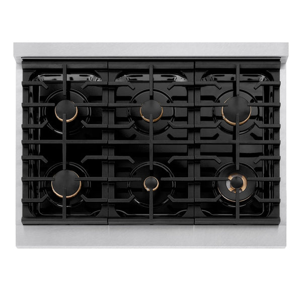 ZLINE Autograph Edition 36 in. 5.2 cu. ft. 6 Burner Gas Range with Convection Gas Oven in DuraSnow® Stainless Steel and Champagne Bronze Accents (SGRSZ-36-CB) from above, showing gas burners, black porcelain cooktop, and cast-iron grates.