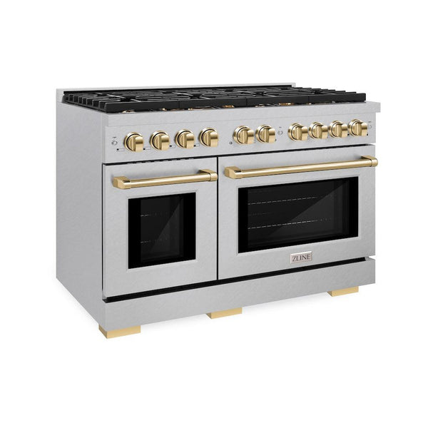 ZLINE Autograph Edition 48 in. 6.7 cu. ft. 8 Burner Double Oven Gas Range in DuraSnow® Stainless Steel and Polished Gold Accents (SGRSZ-48-G) side, oven closed.