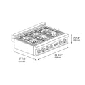 ZLINE Autograph Edition 36 in. Porcelain Rangetop with 6 Gas Burners in DuraSnow® Stainless Steel with Polished Gold Accents (RTSZ-36-G) dimensional diagram with measurements.
