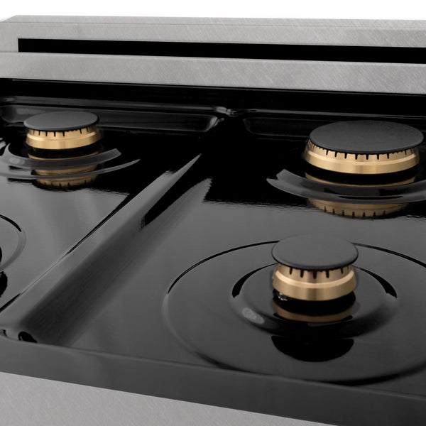 ZLINE Autograph Edition 24 in. 2.8 cu. ft. Legacy Dual Fuel Range with 4 Burner Gas Cooktop and Electric Convection Oven in Satin Stainless Steel and Matte Black Accents (RASZ-SN-24-MB)