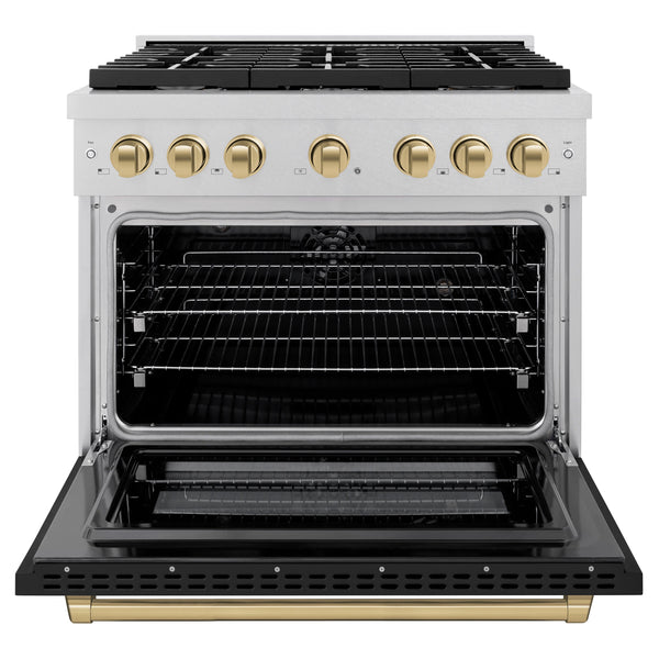 ZLINE Autograph Edition 36 in. 5.2 cu. ft. Paramount Dual Fuel Range with 6 Burner Gas Cooktop and Electric Convection Oven in Satin Stainless Steel with Black Matte Door and Champagne Bronze Accents (SDRSZ-BLM-36-CB)