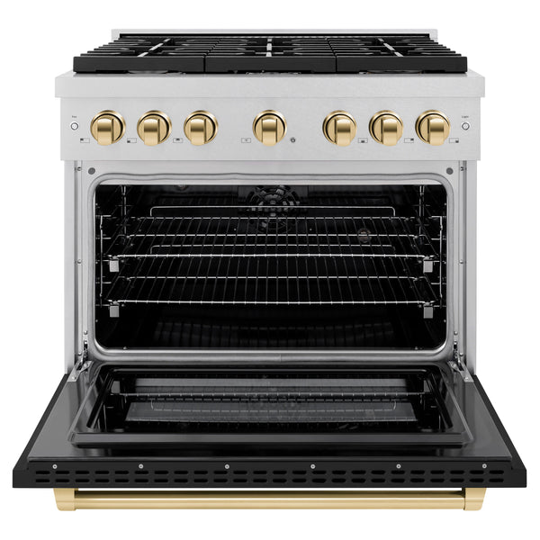 ZLINE Autograph Edition 36 in. 5.2 cu. ft. Paramount Dual Fuel Range with 6 Burner Gas Cooktop and Electric Convection Oven in Satin Stainless Steel with Black Matte Door and Polished Gold Accents (SDRSZ-BLM-36-G)
