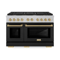 ZLINE Autograph Edition 48 in. 6.7 cu. ft. Paramount Double Oven Dual Fuel Range with 8 Burner Gas Cooktop in Satin Stainless Steel with Black Matte Doors and Champagne Bronze Accents (SDRSZ-BLM-48-CB)