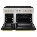 ZLINE Autograph Edition 48 in. 6.7 cu. ft. Paramount Double Oven Dual Fuel Range with 8 Burner Gas Cooktop in Satin Stainless Steel with Black Matte Doors and Champagne Bronze Accents (SDRSZ-BLM-48-CB)
