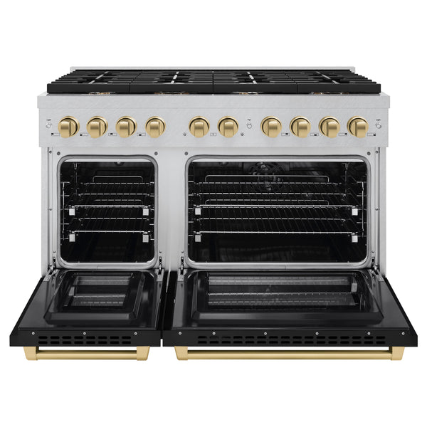 ZLINE Autograph Edition 48 in. 6.7 cu. ft. Paramount Double Oven Dual Fuel Range with 8 Burner Gas Cooktop in Satin Stainless Steel with Black Matte Doors and Champagne Bronze Accents (SDRSZ-BLM-48-CB)