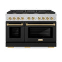 ZLINE Autograph Edition 48 in. 6.7 cu. ft. Paramount Double Oven Dual Fuel Range with 8 Burner Gas Cooktop in Satin Stainless Steel with Black Matte Doors and Champagne Bronze Accents (SDRSZ-BLM-48-CB)