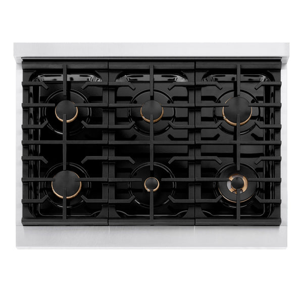 ZLINE Autograph Edition 36 in. 5.2 cu. ft. Paramount Gas Range with 6 Burner Cooktop and Convection Gas Oven in Satin Stainless Steel with Black Matte Door and Polished Gold Accents (SGRSZ-BLM-36-G)