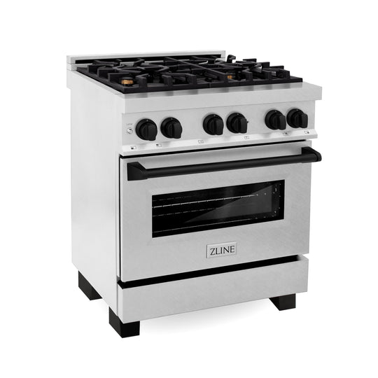 ZLINE Autograph Edition 30 in. 4.0 cu. ft. Legacy Dual Fuel Range with 4 Burner Gas Cooktop and Electric Convection Oven in Satin Stainless Steel and Matte Black Accents (RASZ-SN-30-MB)