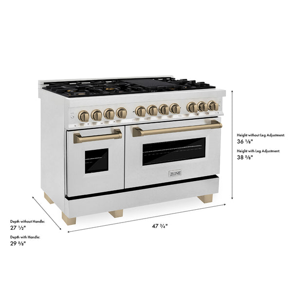 ZLINE Autograph Edition 48 in. 6.0 cu. ft. Legacy Dual Fuel Range with 7 Burner Gas Cooktop and 2 Electric Ovens in Satin Stainless Steel and Champagne Bronze Accents (RASZ-SN-48-CB)